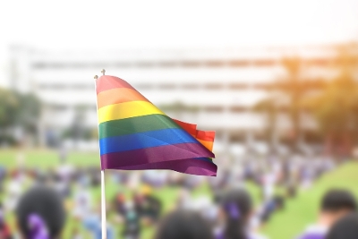 LGBTQI+ flag with school in background